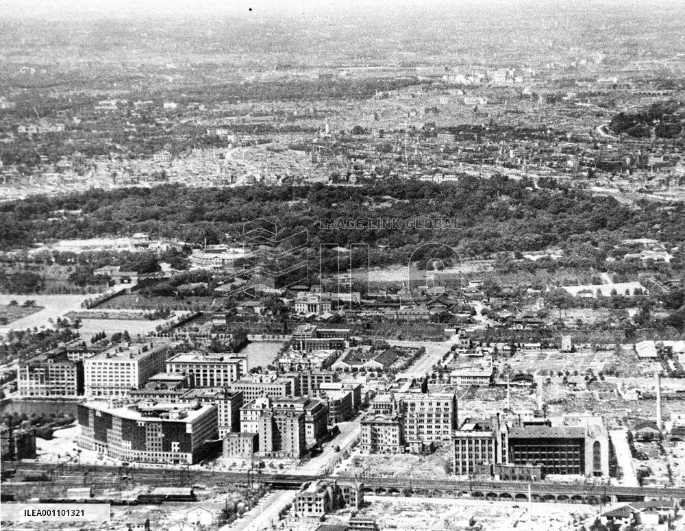 Scorched land in Tokyo following air raids