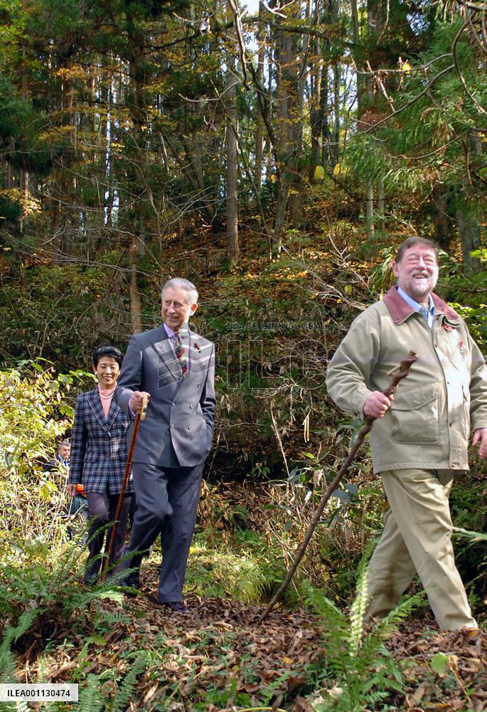Prince Charles walks around in woods in Nagano Prefecture