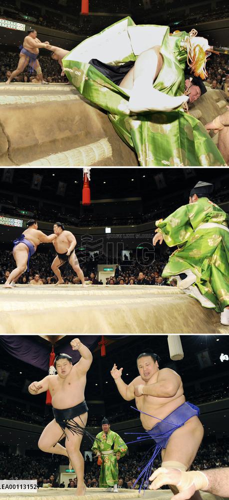 Sumo referee falls off ring during match in rare accident