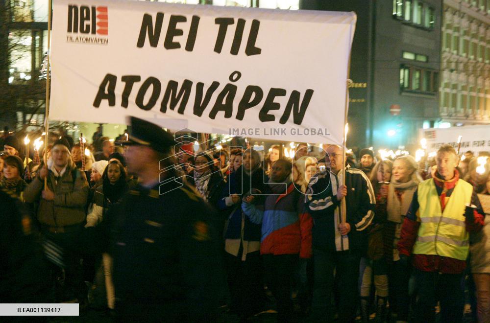 People rally against nuclear weapons in Oslo