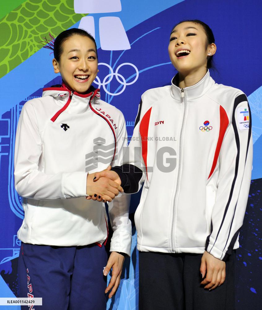 Asada, Kim attend press conference after women's short program