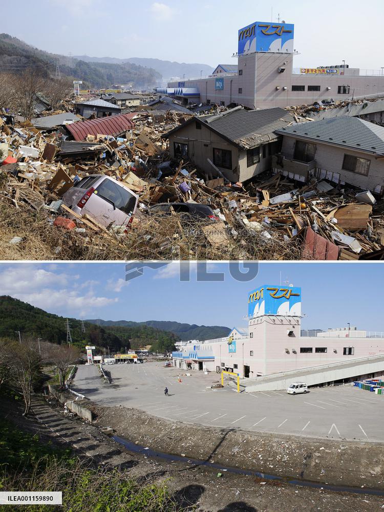 Disaster-hit Otsuchi in March and June
