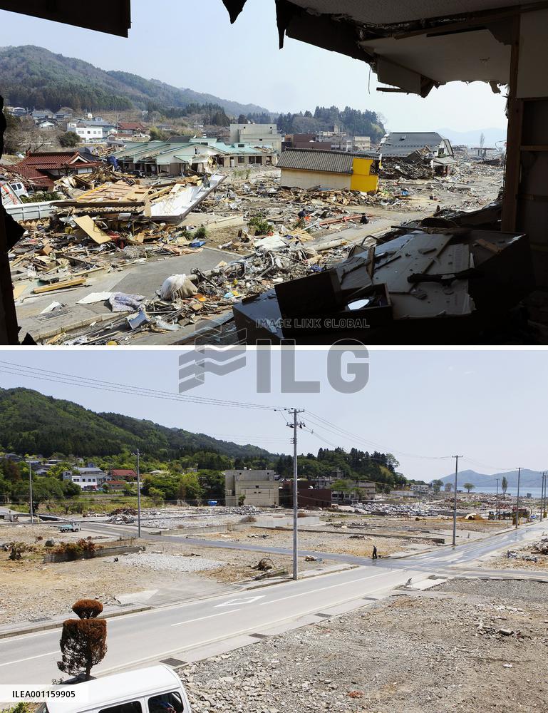Disaster-hit Ofunato in March and June
