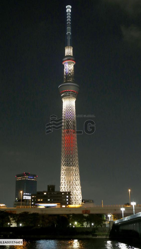 Tokyo Sky Tree lit up in five colors