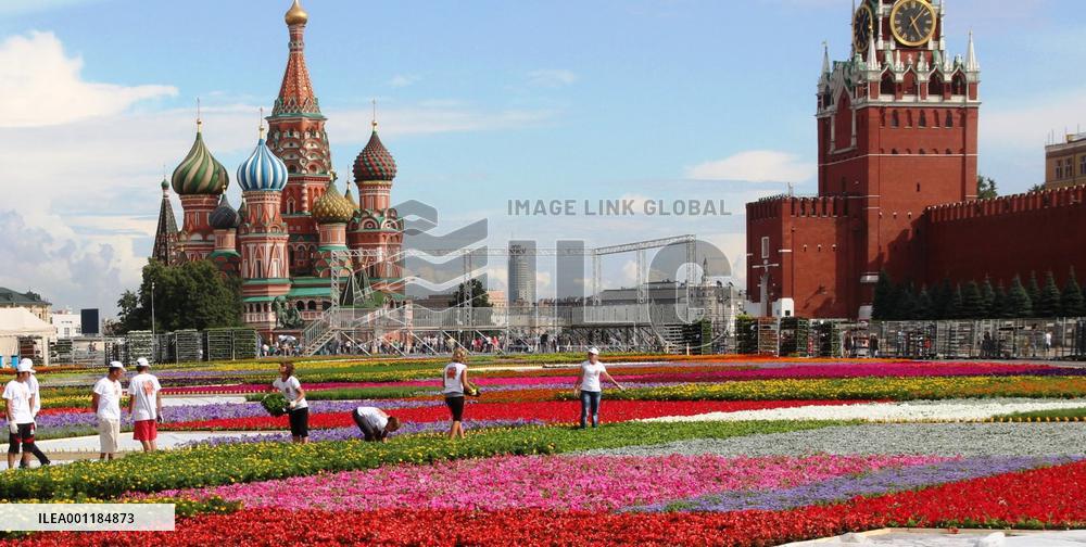 Red Square covered with flowers