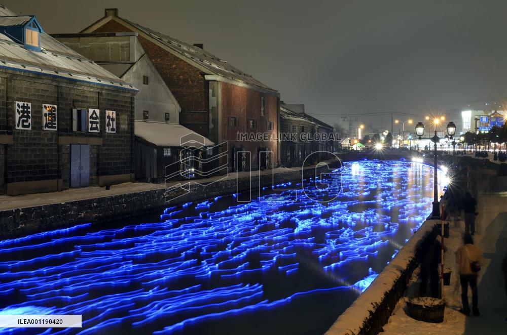 Blue illumination lights up Otaru Canal