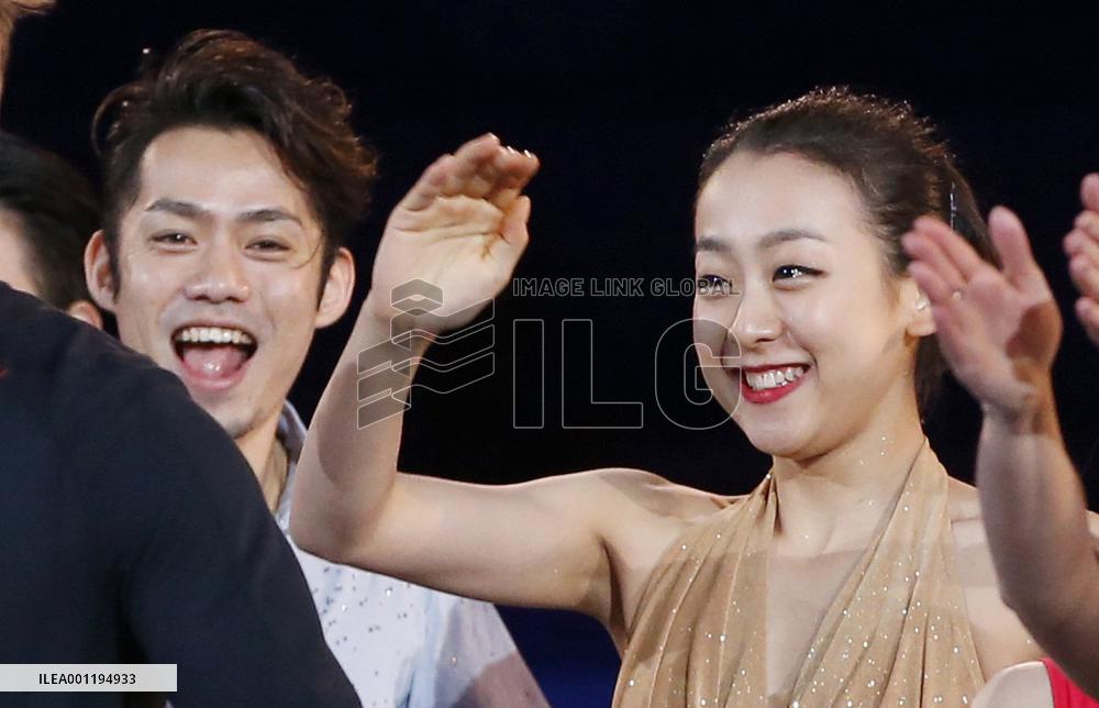 Japan figure skaters Asada, Takahashi smile during exhibition