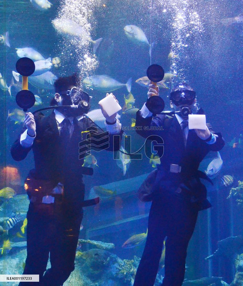 New aquarium recruits start by cleaning fish tank from inside
