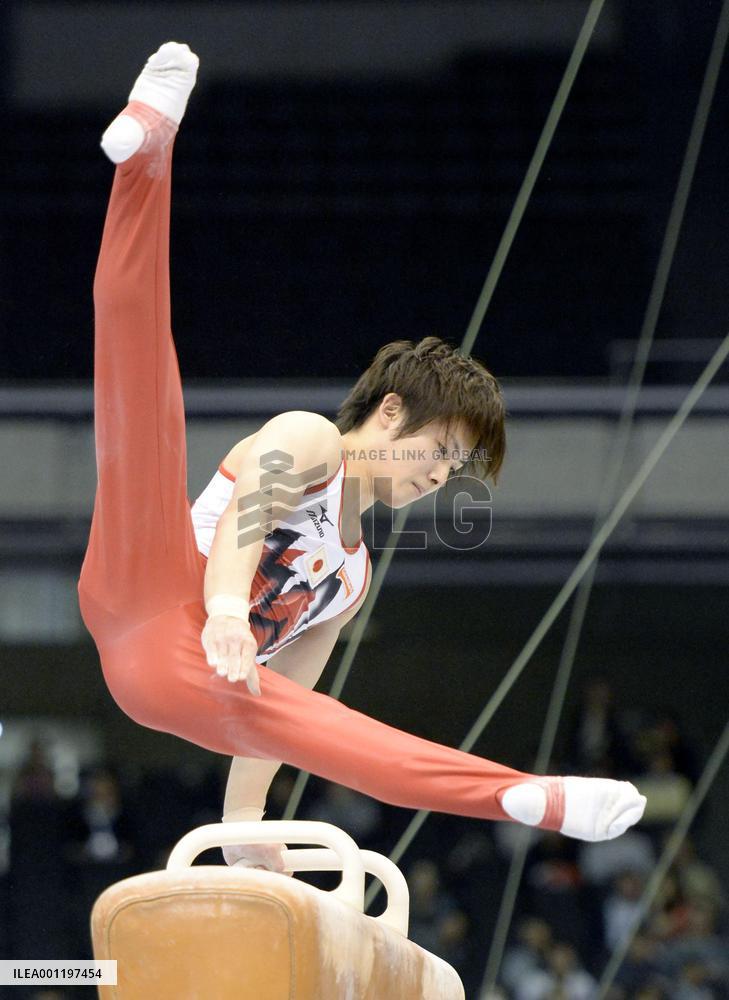 Japan gymnast Kato on pommel horse at Tokyo World Cup