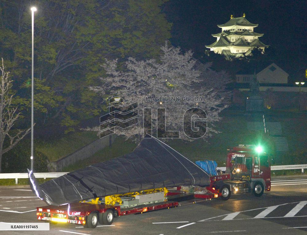 Wing of MRJ commercial jet transported for assembly