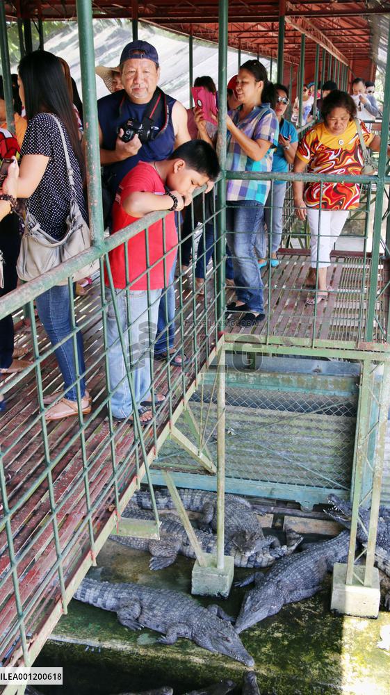 People observe farmed crocodiles destined to become luxury items