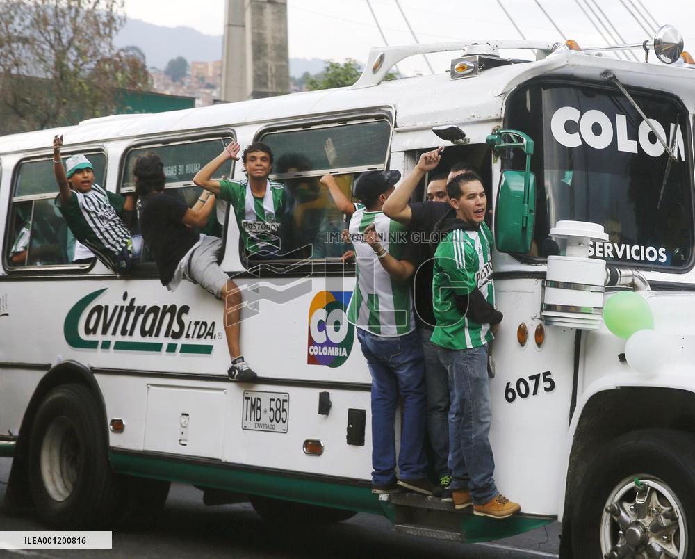 Colombian soccer fans on jam-packed bus