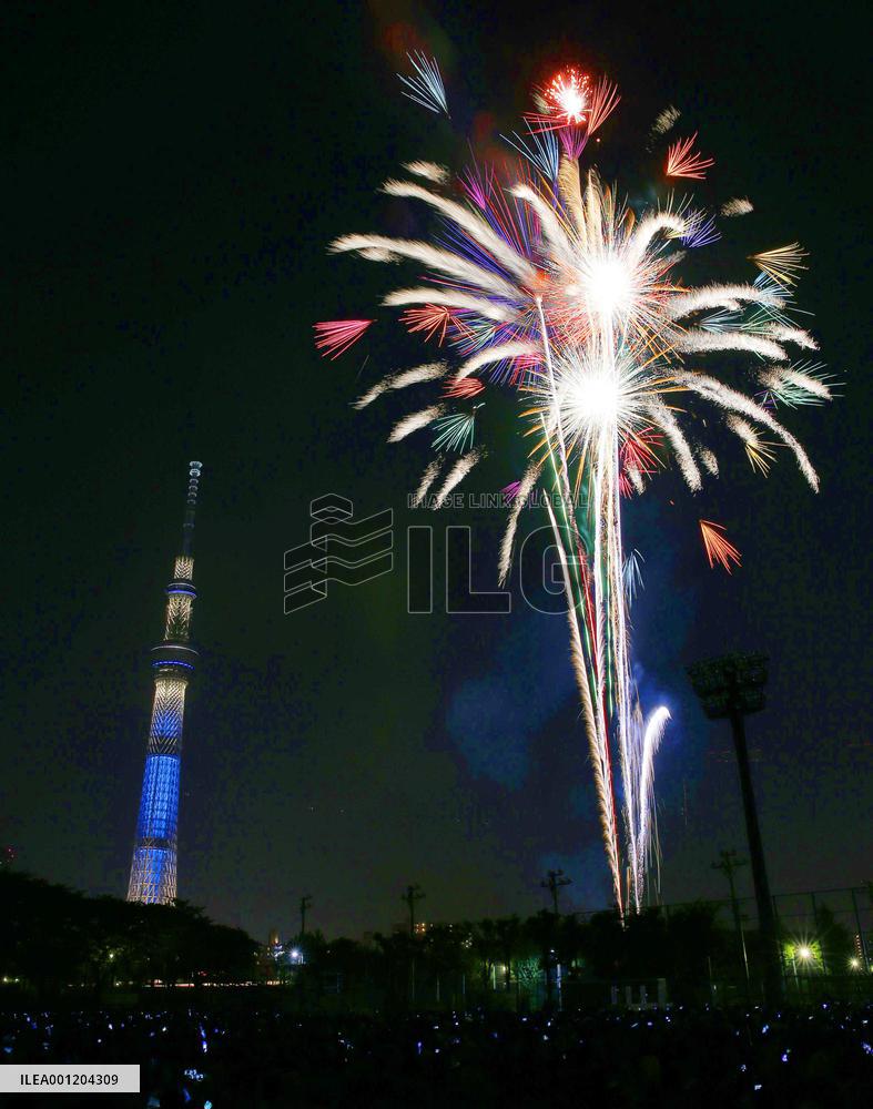 Fireworks light up night sky over Sumida River