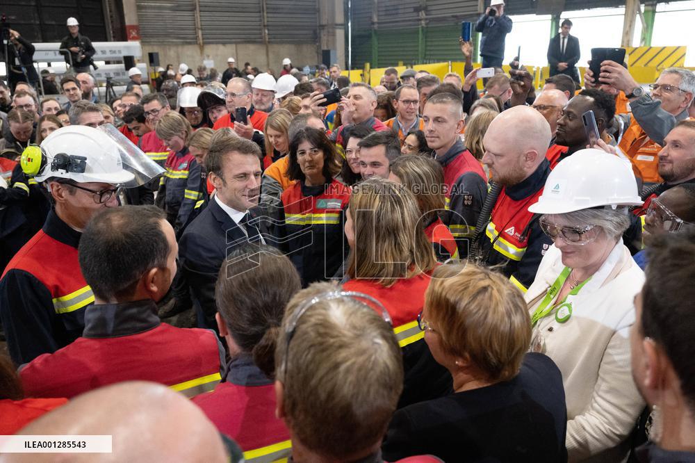 President Macron visiting the Aluminium Dunkerque factory
