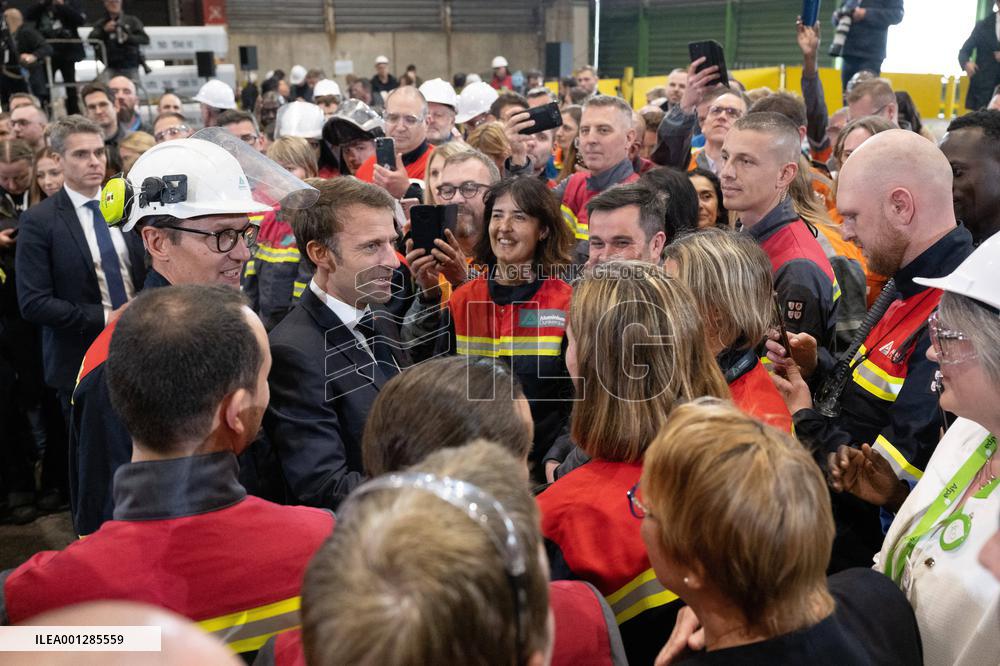 President Macron visiting the Aluminium Dunkerque factory