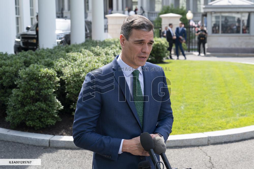President Pedro Sanchez Perez-Castejon of the Government of Spain speaks to reporters after meeting with President Joe Biden