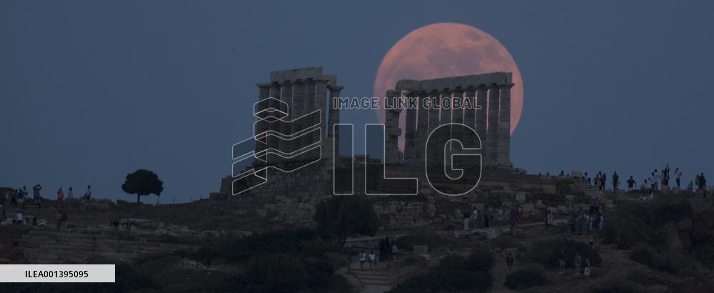 GREECE-CAPE SOUNION-TEMPLE OF POSEIDON-FULL MOON