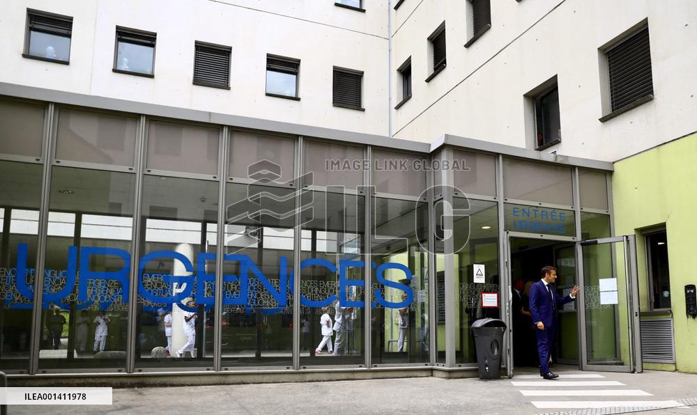President Macron Visits The Victims Of A Knife Attack At CHU - Grenoble
