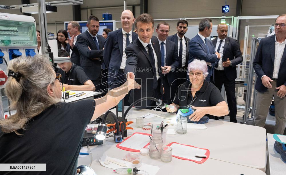Emmanuel Macron Visits The Shoe Manufacturing ASF - Ardoix