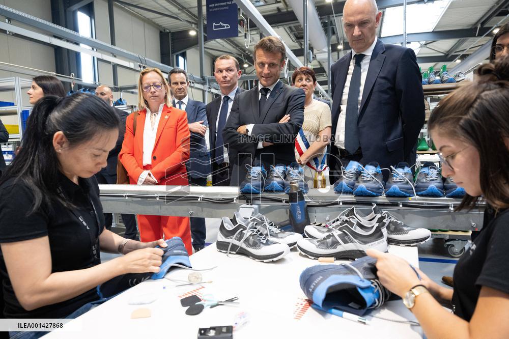Emmanuel Macron Visits The Shoe Manufacturing ASF - Ardoix