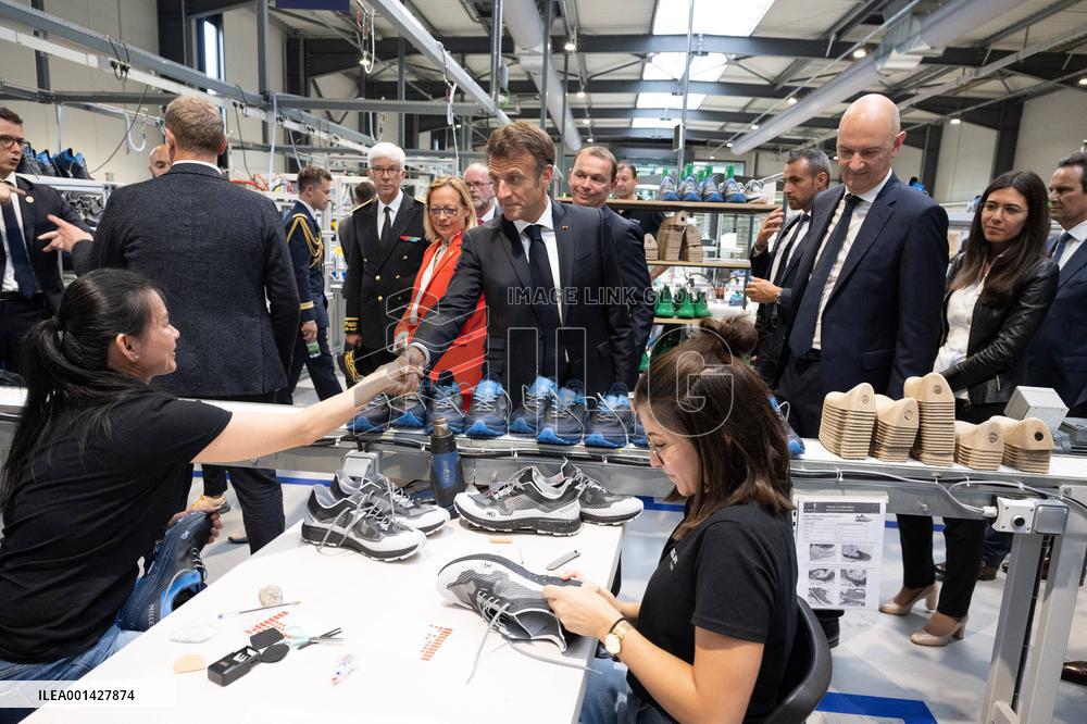 Emmanuel Macron Visits The Shoe Manufacturing ASF - Ardoix