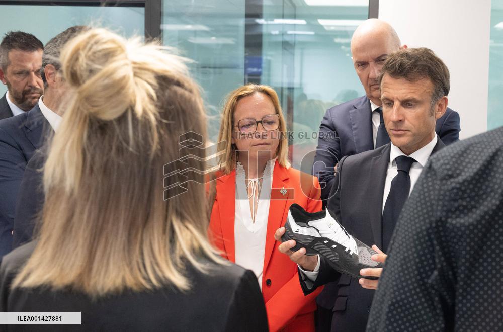 Emmanuel Macron Visits The Shoe Manufacturing ASF - Ardoix