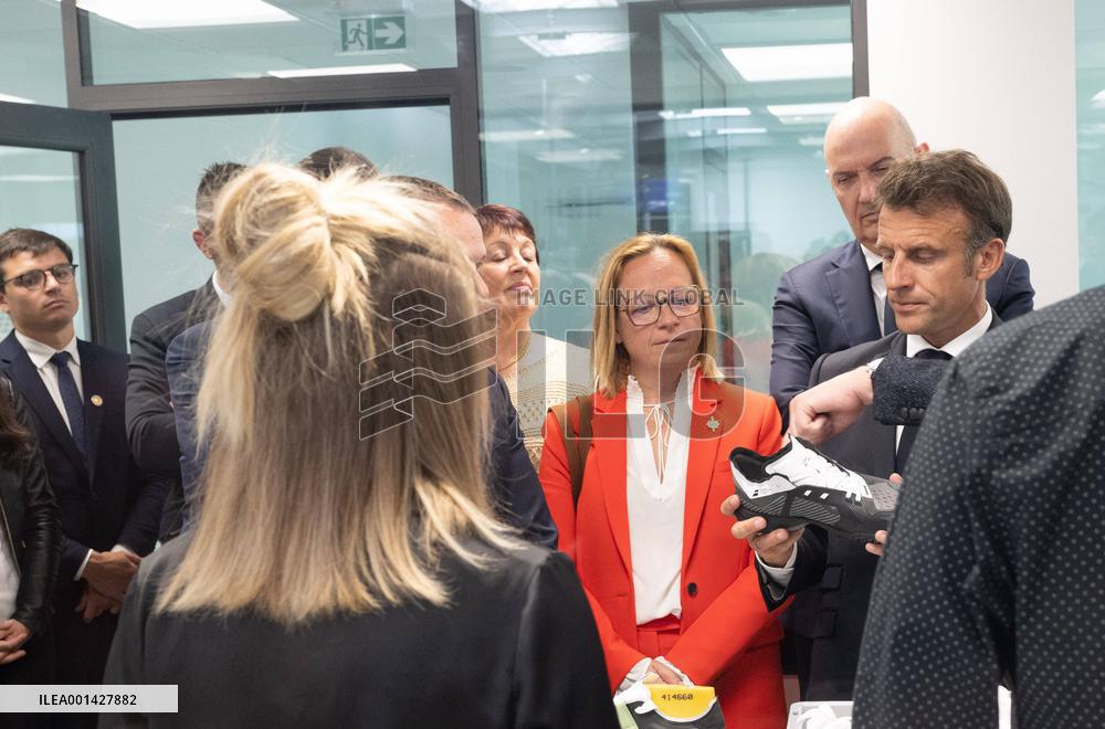 Emmanuel Macron Visits The Shoe Manufacturing ASF - Ardoix