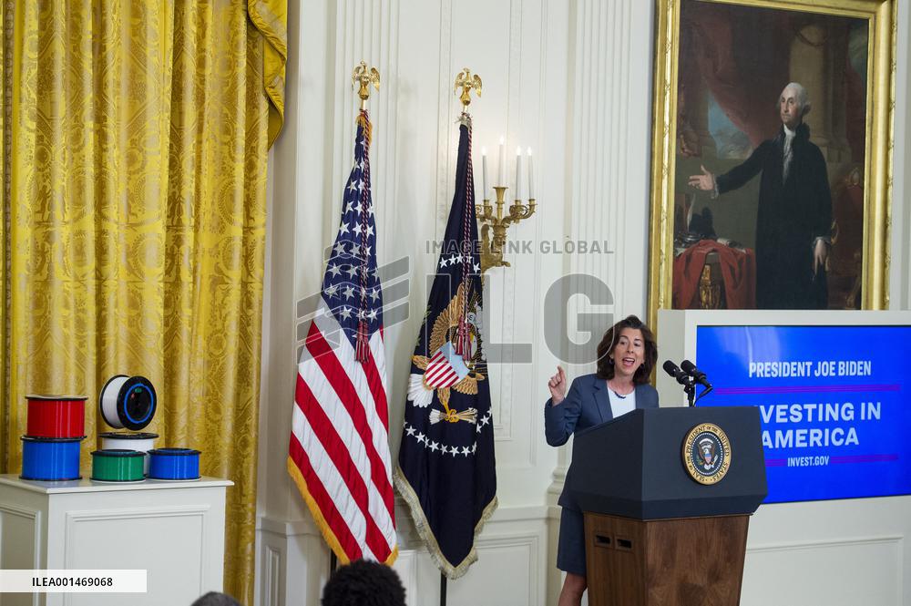 United States President Joe Biden, United States Vice President Kamala Harris and United States Secretary of Commerce Gina Raimo