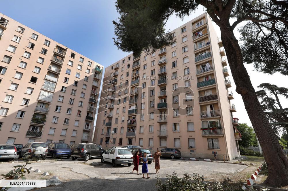 President Macron Visits The Benza District - Marseille