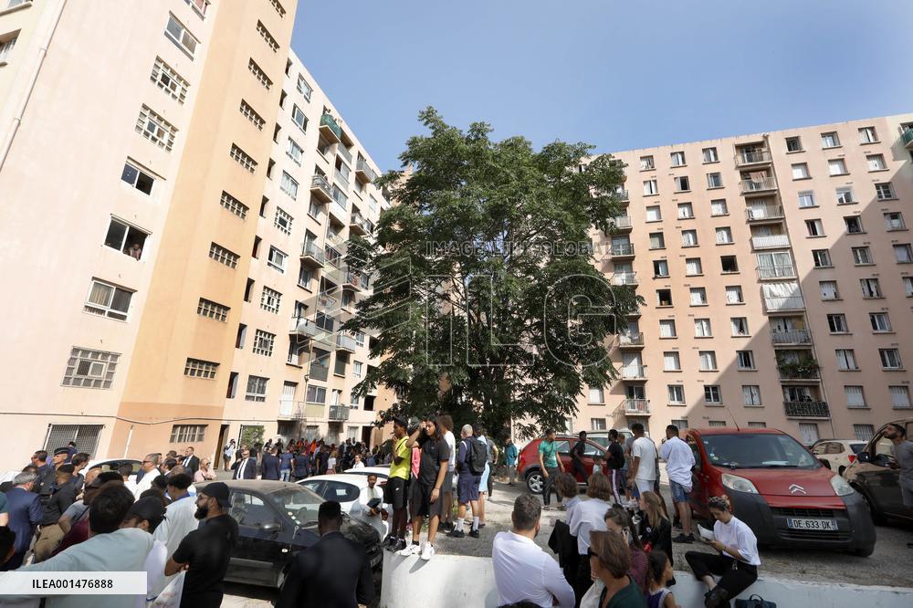 President Macron Visits The Benza District - Marseille