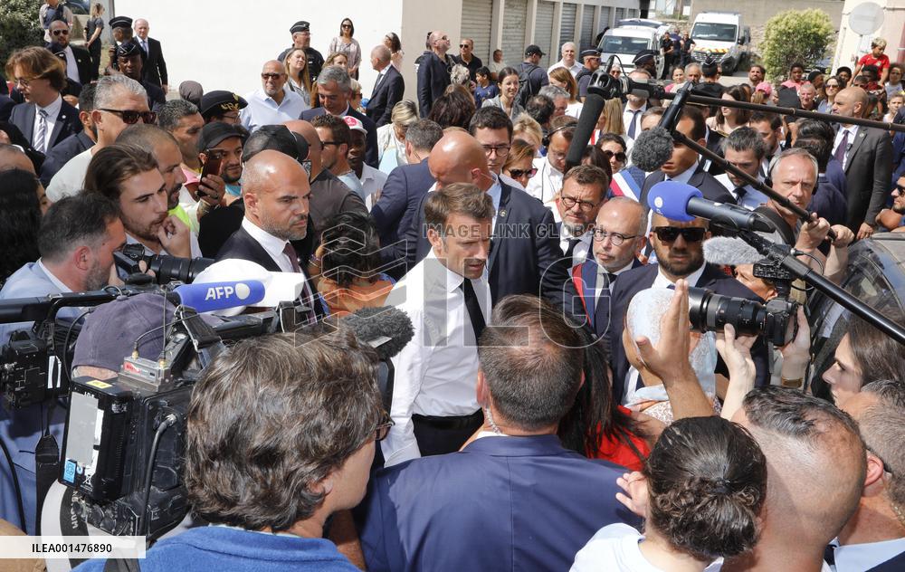 President Macron Visits The Benza District - Marseille