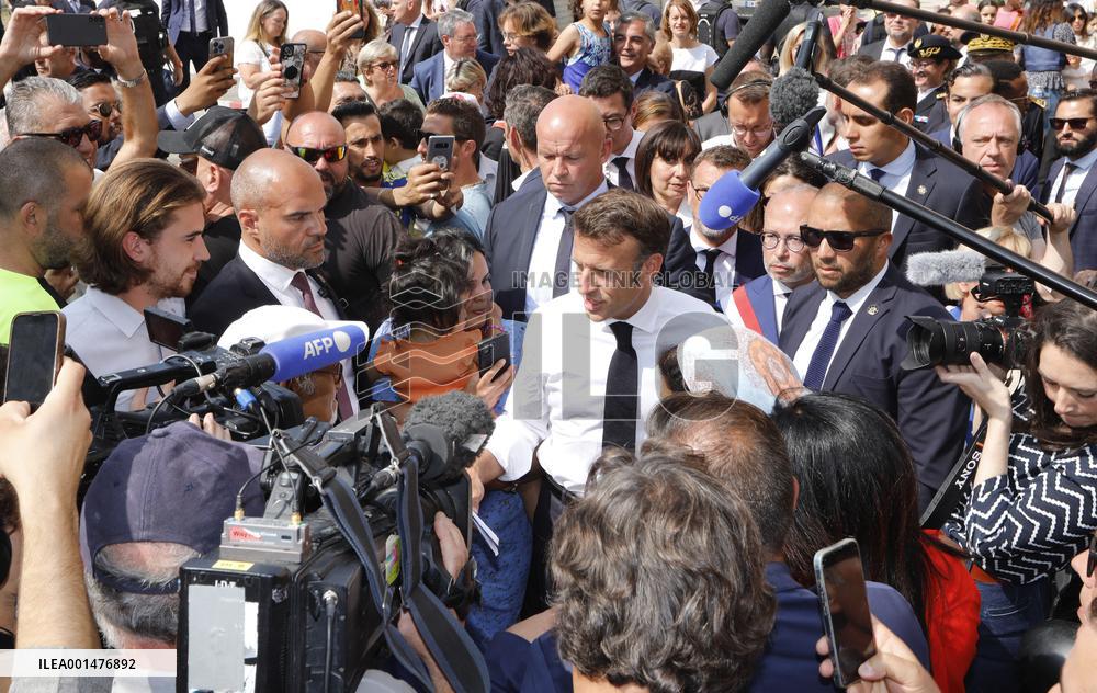 President Macron Visits The Benza District - Marseille