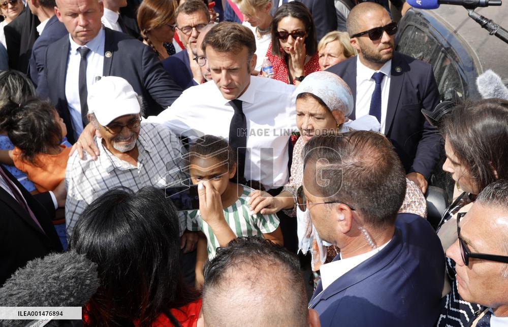 President Macron Visits The Benza District - Marseille