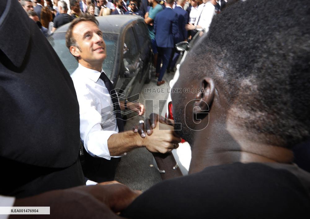 President Macron Visits The Benza District - Marseille