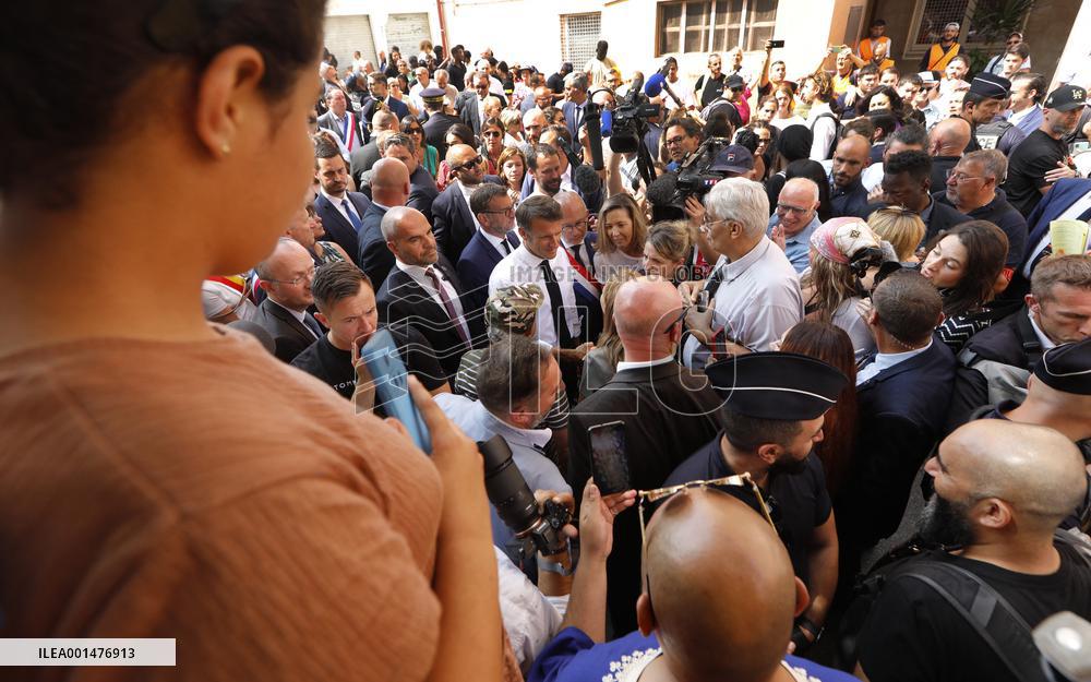 President Macron Visits The Benza District - Marseille
