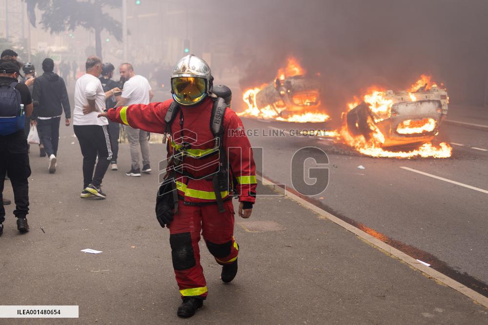 Protesters clash with police after the commemoration march for Nahel - Nanterre