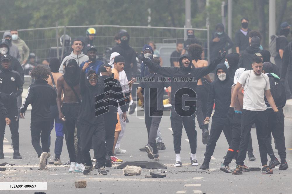 Protesters clash with police after the commemoration march for Nahel - Nanterre