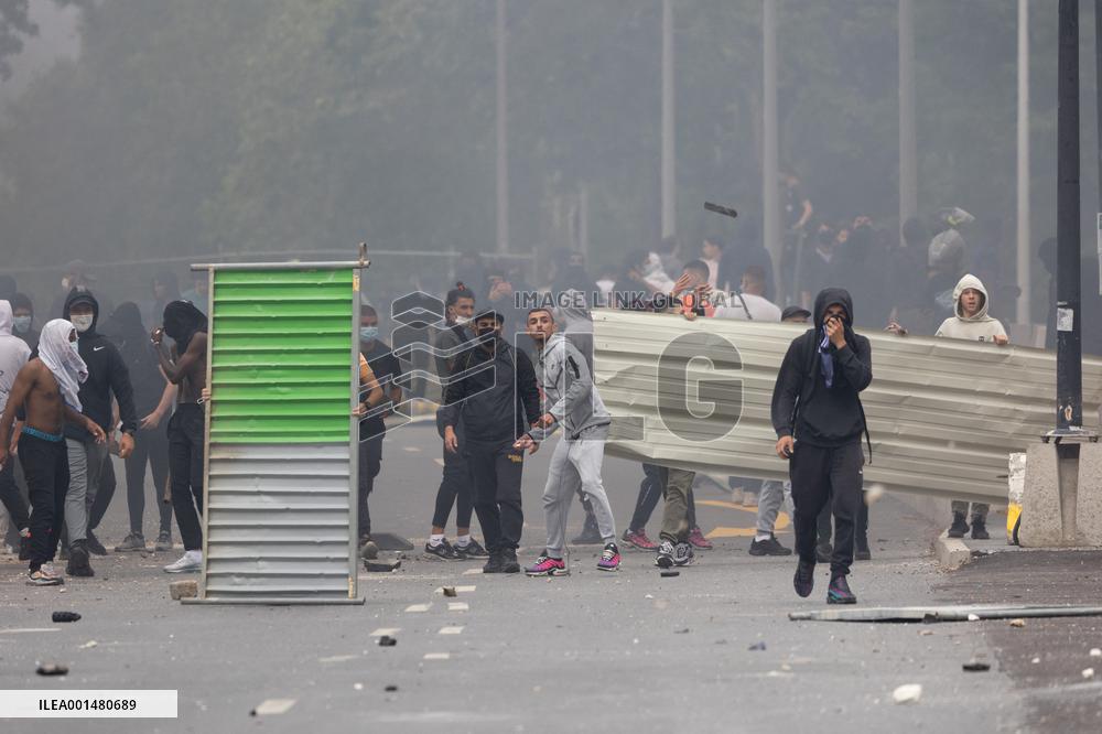 Protesters clash with police after the commemoration march for Nahel - Nanterre