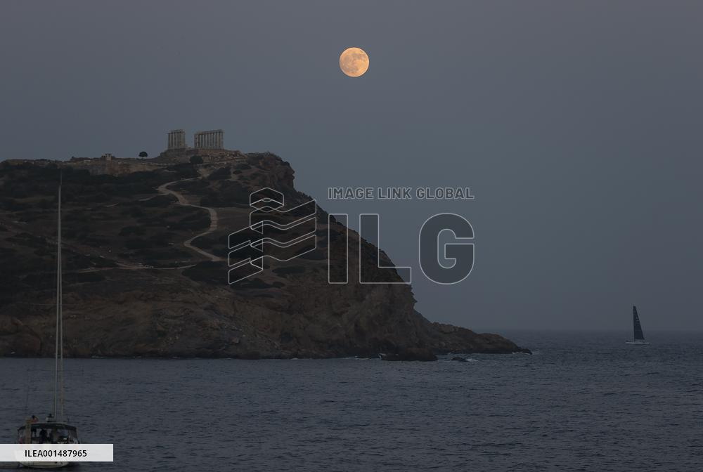 GREECE-CAPE SOUNION-TEMPLE OF POSEIDON-FULL MOON