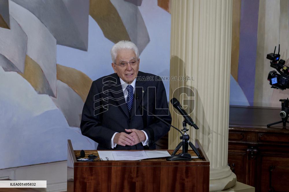 President of Italy Sergio Mattarella gives a keynote talk at the