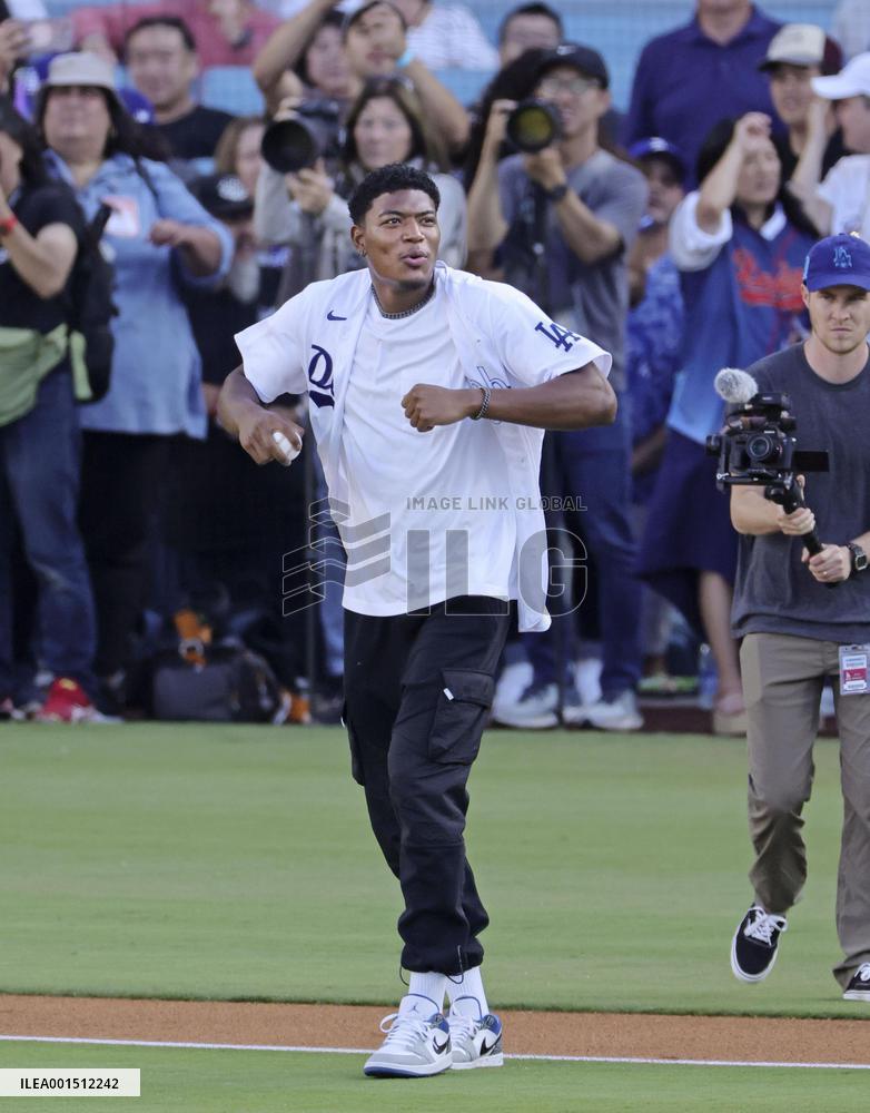 Baseball: Ceremonial pitch by NBA player Hachimura