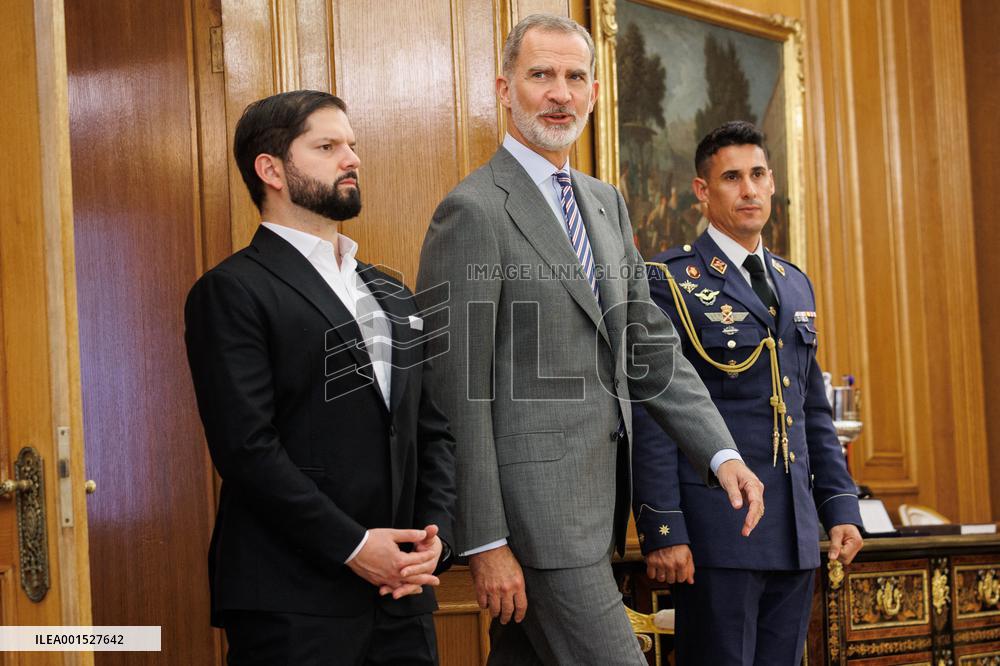 King Felipe VI receives the President of the Republic of Chile, Gabriel Boric