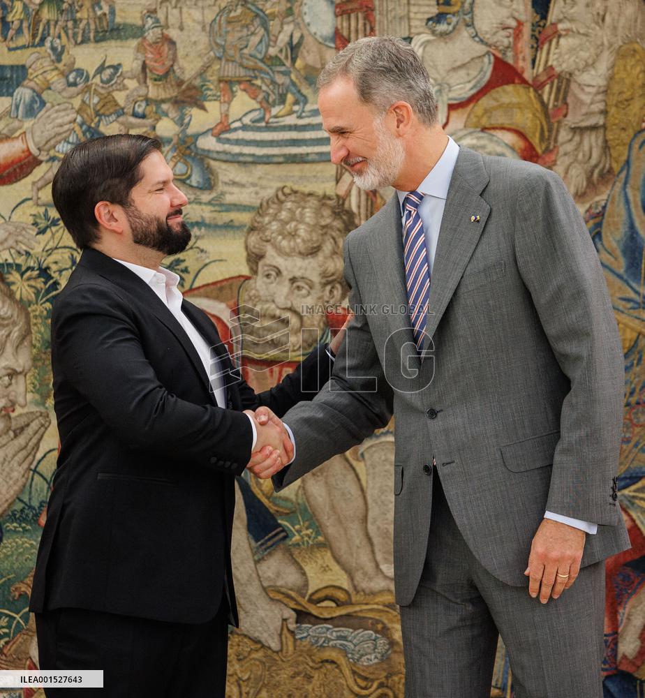 King Felipe VI receives the President of the Republic of Chile, Gabriel Boric
