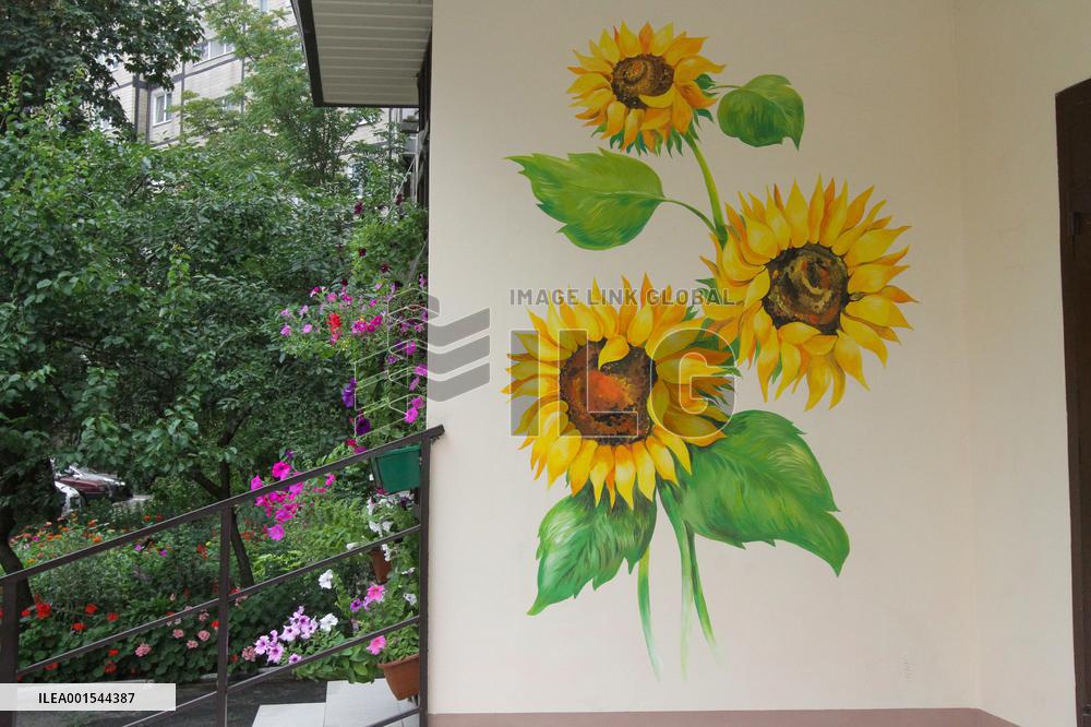Flowers planted outside residential building bombed by Russians and murals created on walls of surviving blocks In Dnipro