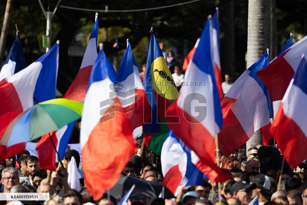 President Macron Delivers A Speech At Place Des Cocotiers - Noumea