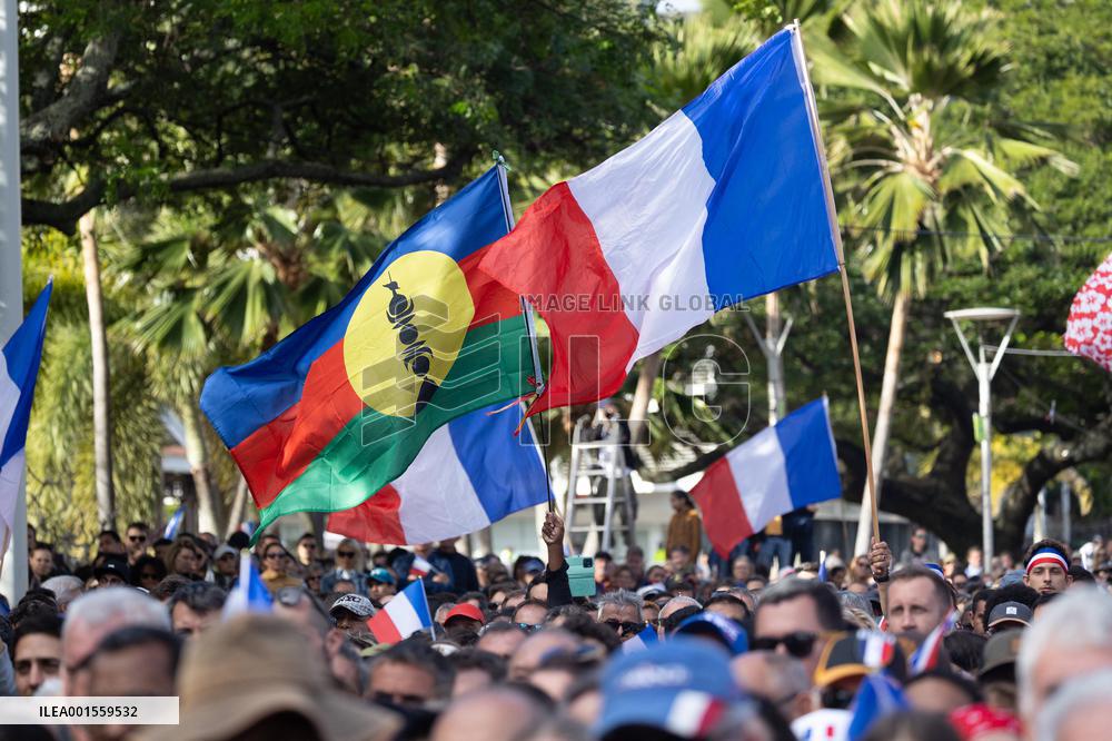 President Macron Delivers A Speech At Place Des Cocotiers - Noumea