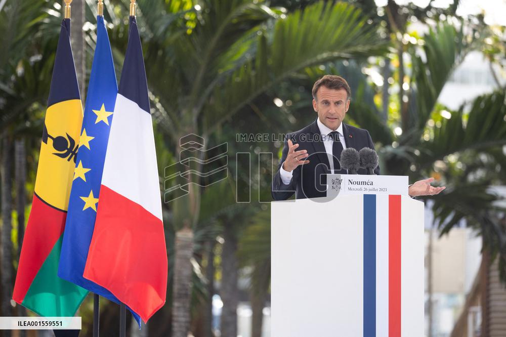 President Macron Delivers A Speech At Place Des Cocotiers - Noumea