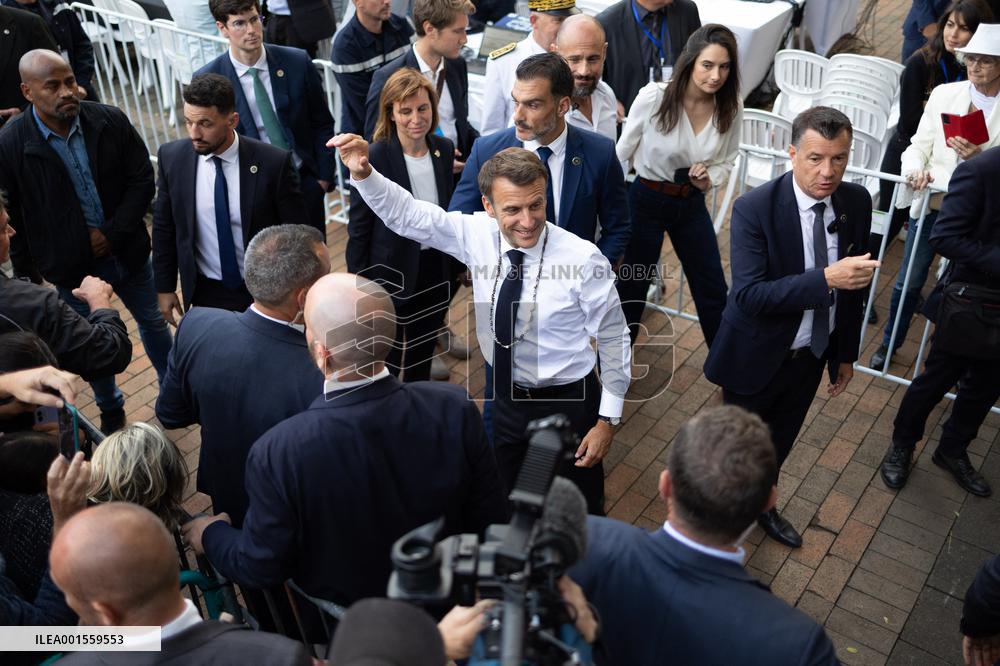 President Macron Delivers A Speech At Place Des Cocotiers - Noumea