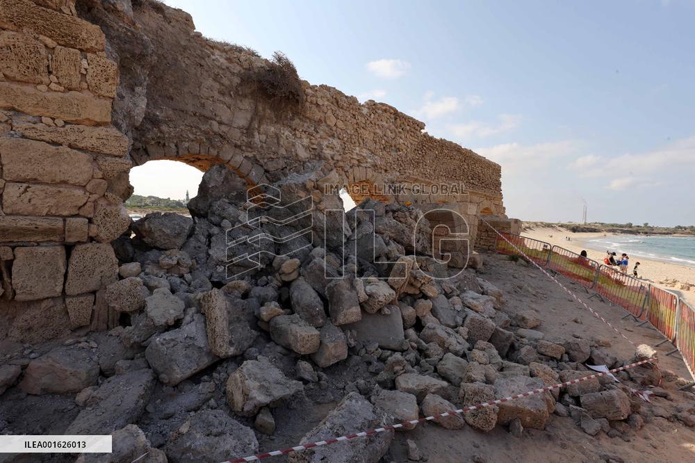 ISRAEL-CAESAREA-ANCIENT ROMAN AQUEDUCT-COLLAPSE