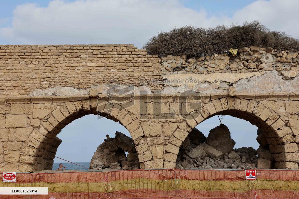 ISRAEL-CAESAREA-ANCIENT ROMAN AQUEDUCT-COLLAPSE